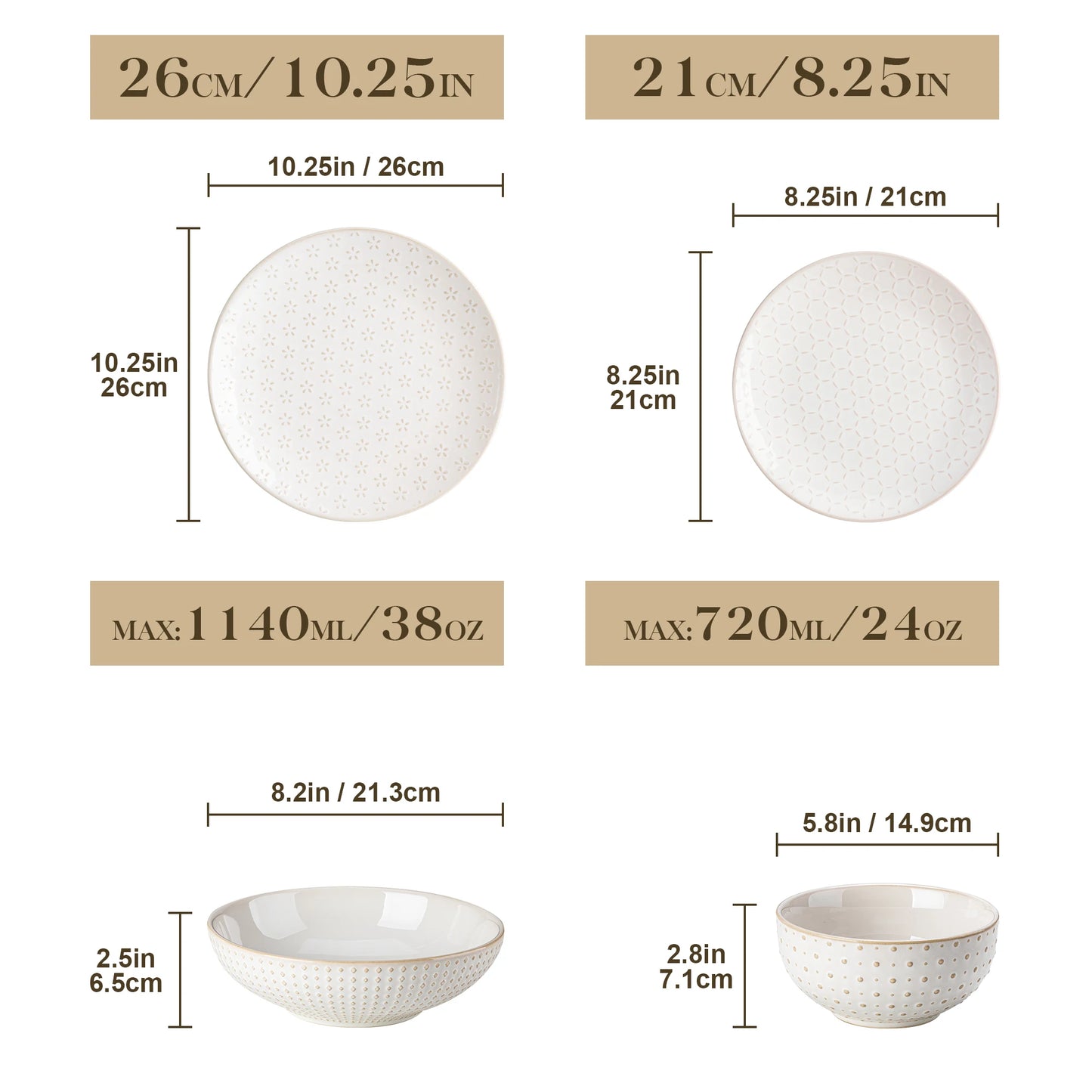 MALACASA LYDIA 12/16 Piece Ceramic Dinnerware Set Modern Relief Design with 4/8 pcs Dinner Plate/Dessert/Soup/Cereal Bowl