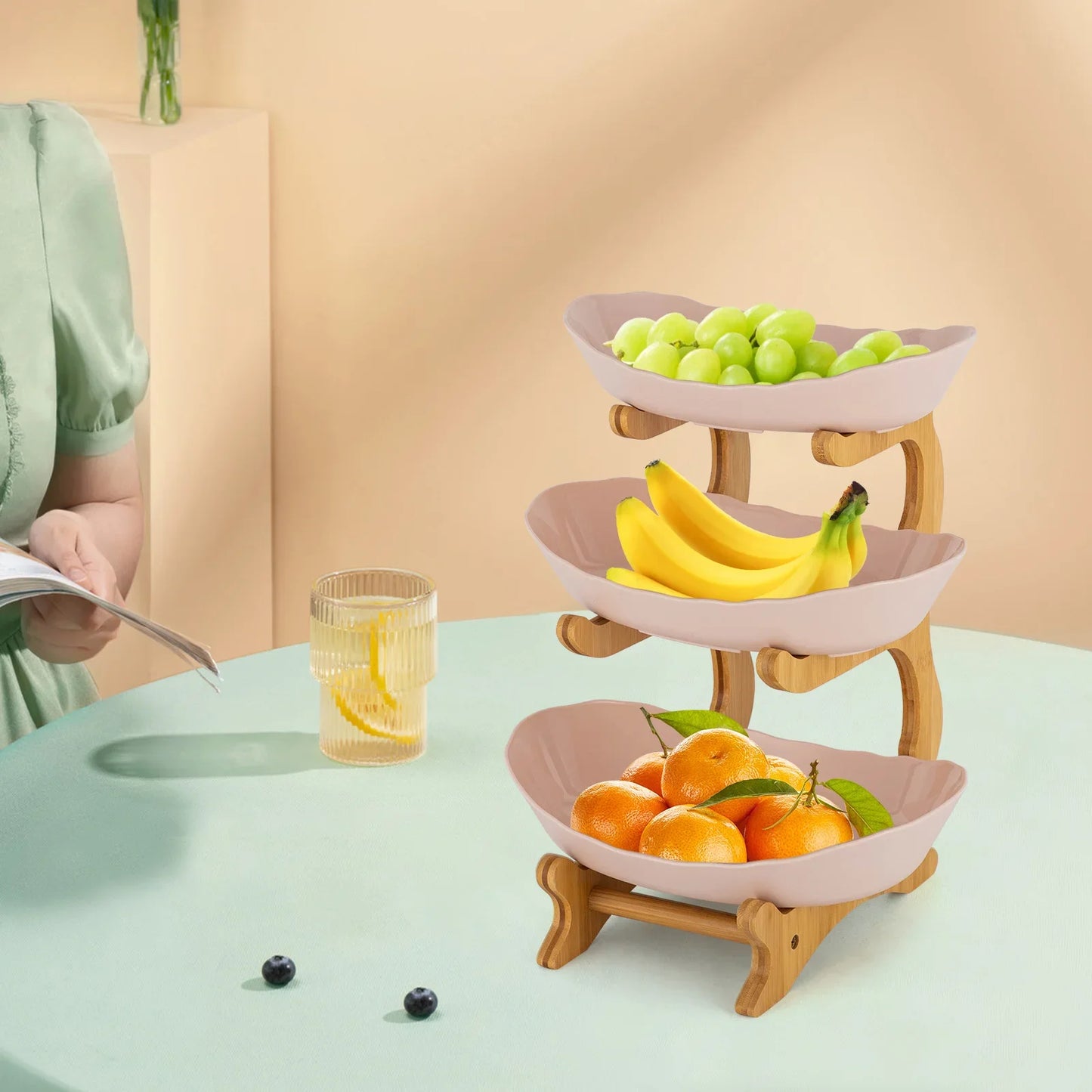 3 Layer Fruit Bowl Food Grade Materials Eco-friendly Bamboo Wood Fruit Holder Bathroom Cosmetics Storage Snacks Basket Shelf