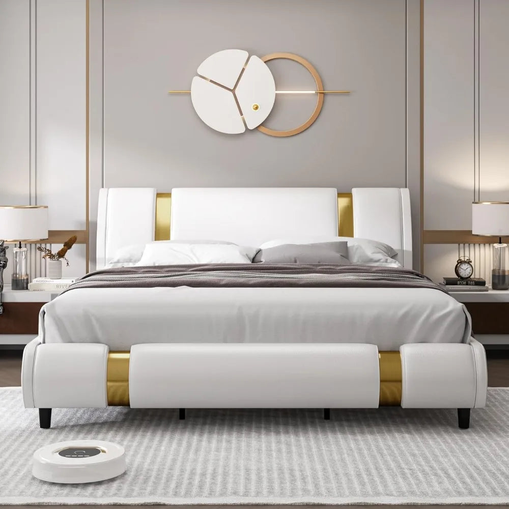 TTVIEW Modern Faux Leather Upholstered Platform Bed Frame with Golden Iron Metal Decor, Adjustable Curved Headboard, Wooden Slat