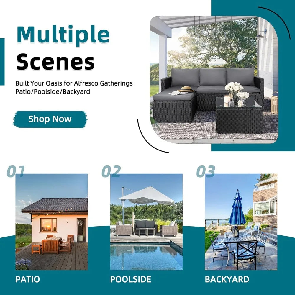 Small Outdoor Sofa Patio Furniture Set with Detachable Cushions, 3 PCS Patio Sectional Sofa with Coffee Table & 5 Position Adju