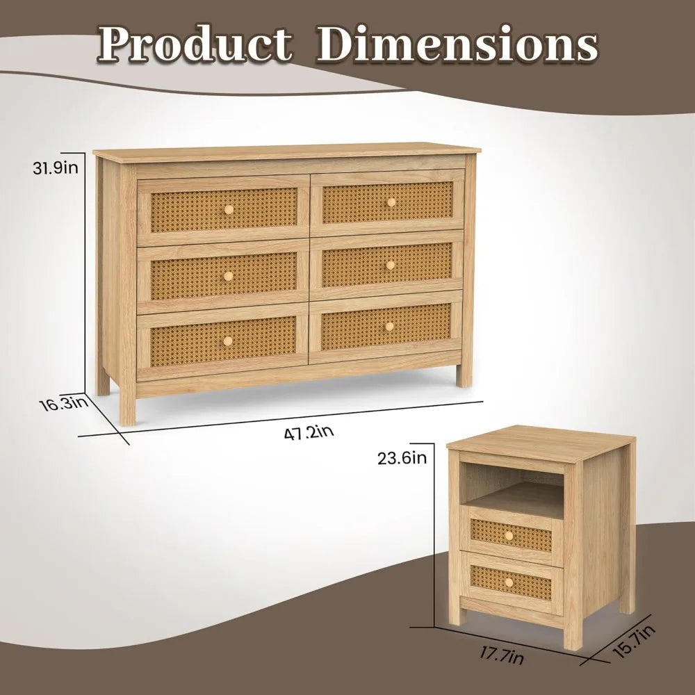 Farmhouse Bedroom Set, 3 Pieces Bedroom Furniture Set, Rustic Wood 6 Drawer Dresser and Nightstands, Chest of Drawers Wide Stora
