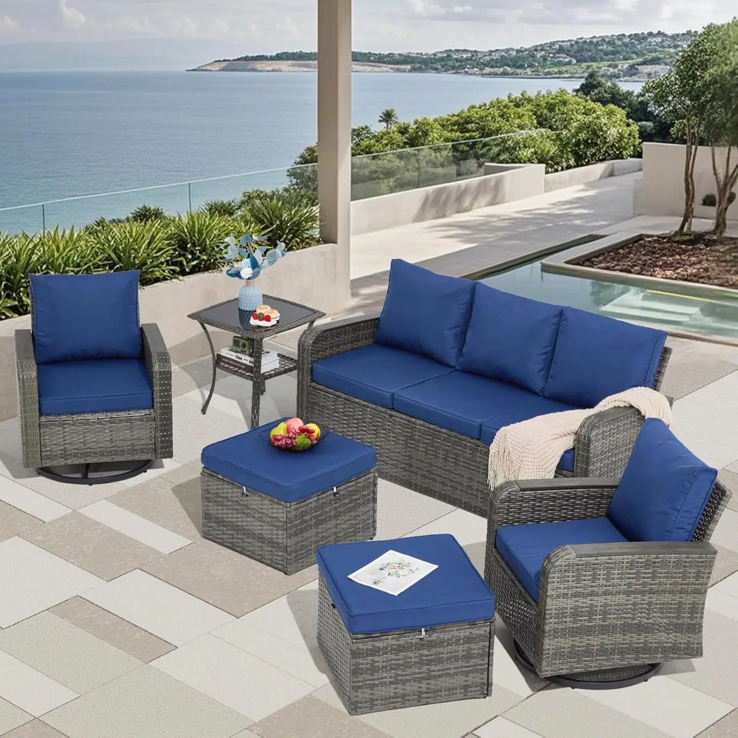 "6-Piece Wicker Patio Furniture Set, Outdoor Conversation Set with PE Rattan Sectional Sofa & Swivel Chairs – Ideal for Indoor