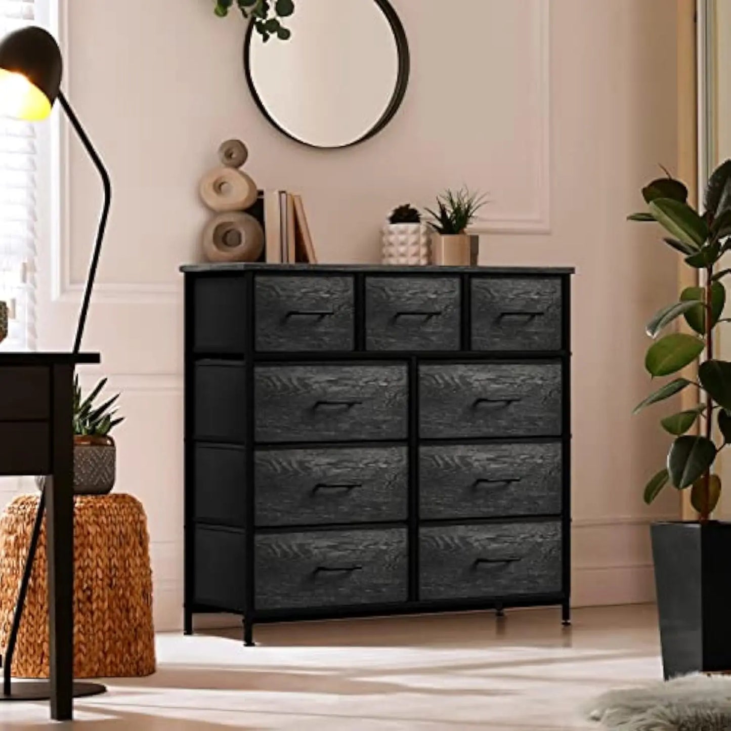 Dresser with 9 Faux Wood Drawers Storage Unit Organizer Chest for Clothes Bedroom Hallway Living Room Closet