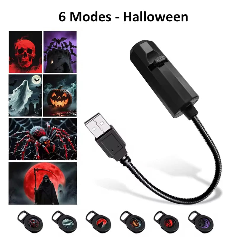 5V Projection Lights Planet Moon Lamp USB Night Light Halloween Christmas Ambiance Skull Ghost Switchable Pattern Projection