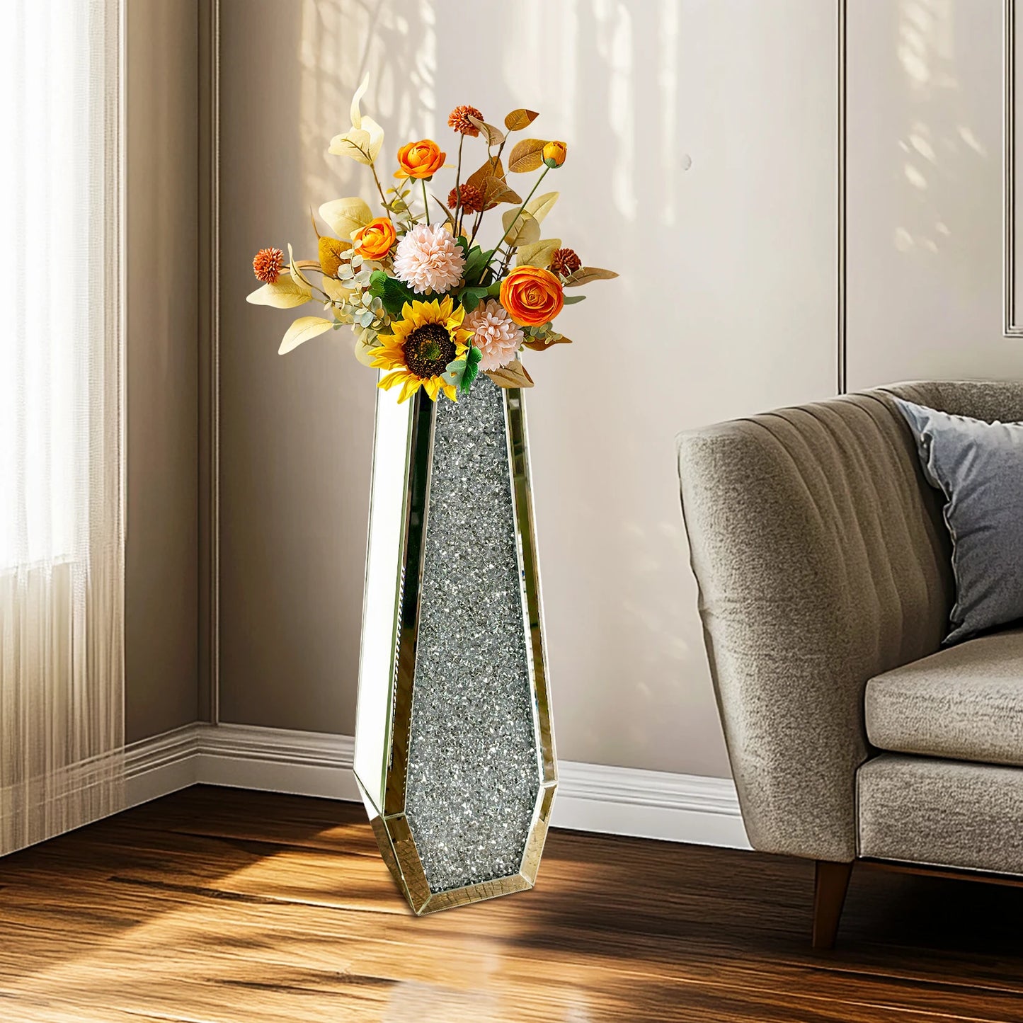 Crushed Diamond Decorative Mirrored Floor Vase for Elegant Decor