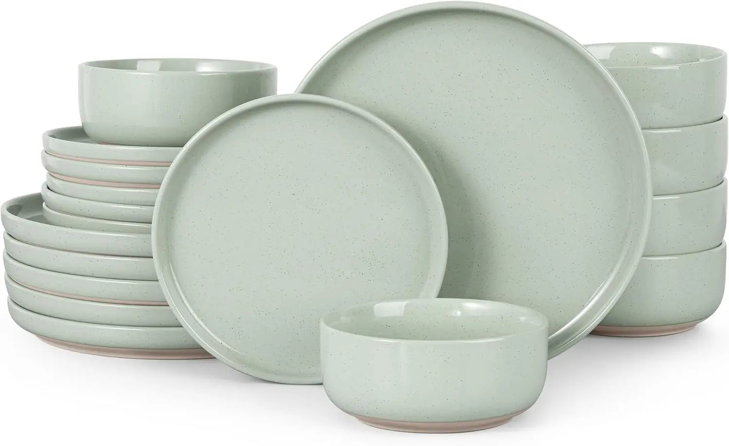 Stoneware Dinnerware Sets, 18-Piece Plates and Bowls Set for 6, Dishes Set for Home Restaurant, Speckled Asparagus Green