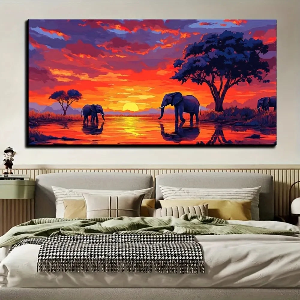 Framed African Sunset Elephant Canvas Art Wildlife Decor