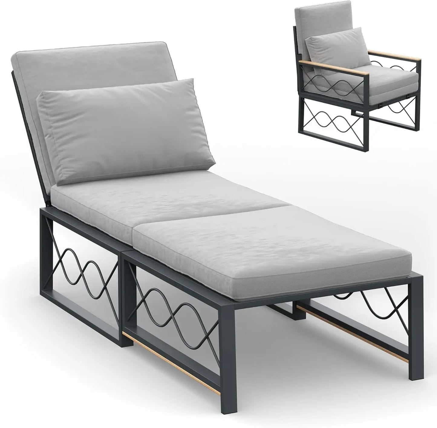 Outdoor Metal Chaise Lounge Chair, Convertible Patio Armchair with Cushions, Adjustable 5-Position Sun Recliner