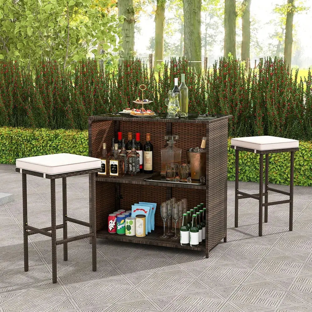 3 Pieces Patio Bar Set PE Wicker Outdoor Bar Table & Stools Set w/ Removable
