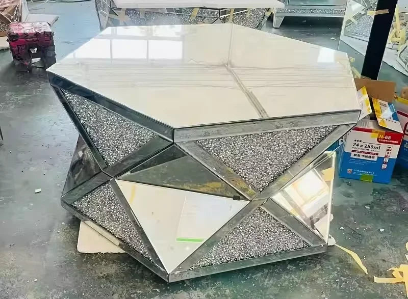 XMSJ Modern Glass Mirror Diamond Coffee Crystal End Table