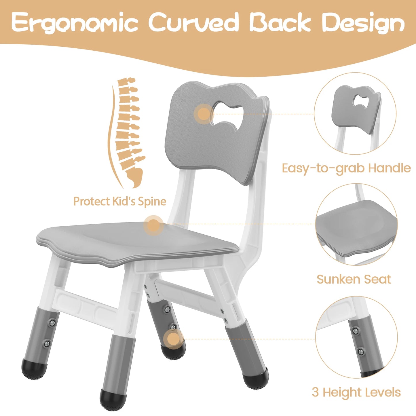 Kids Chair, 3 Level Height Adjustable Kid Chair, Plastic Toddler Chairs for Children Boys Girls Age 2-6, Suitable for Home