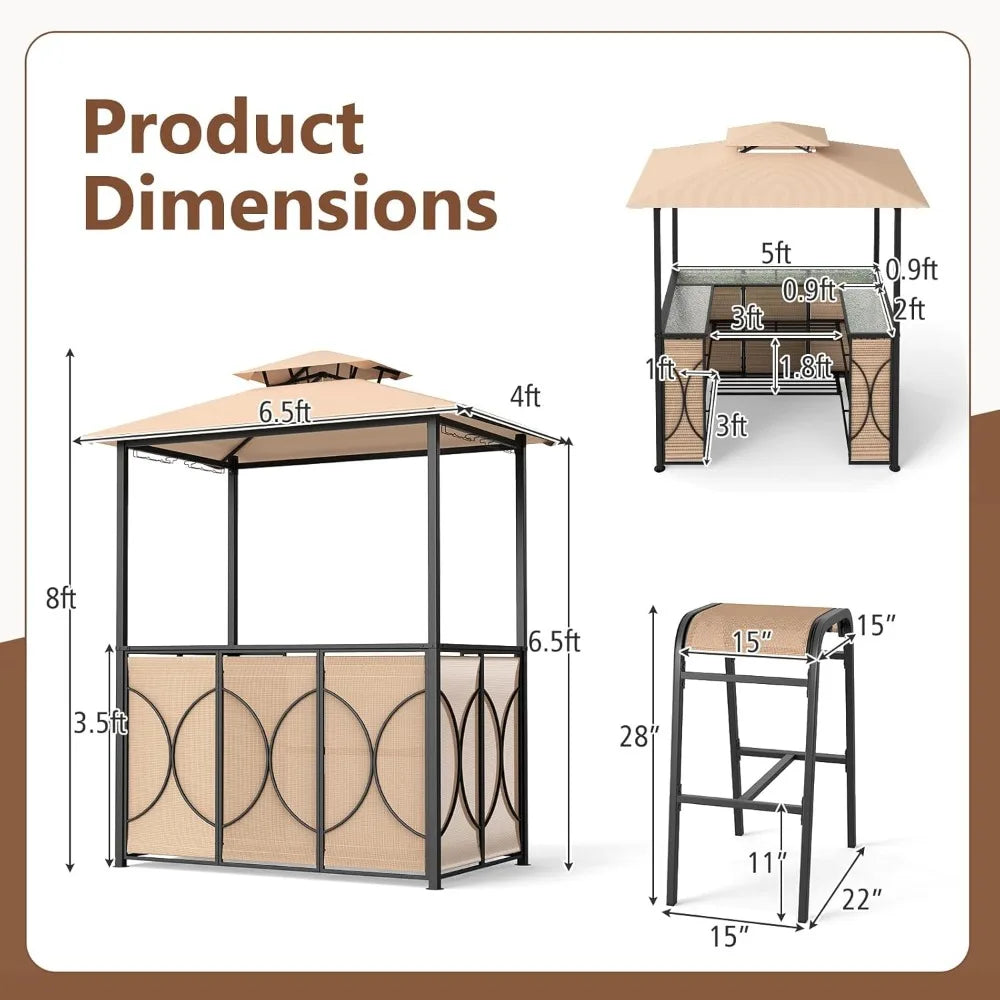 3-Piece Patio Bar Set, Grill Gazebo & 2 Bar Stools with Tempered Glass Bar Table, Metal Storage Shelves, Glass Holders, Double-