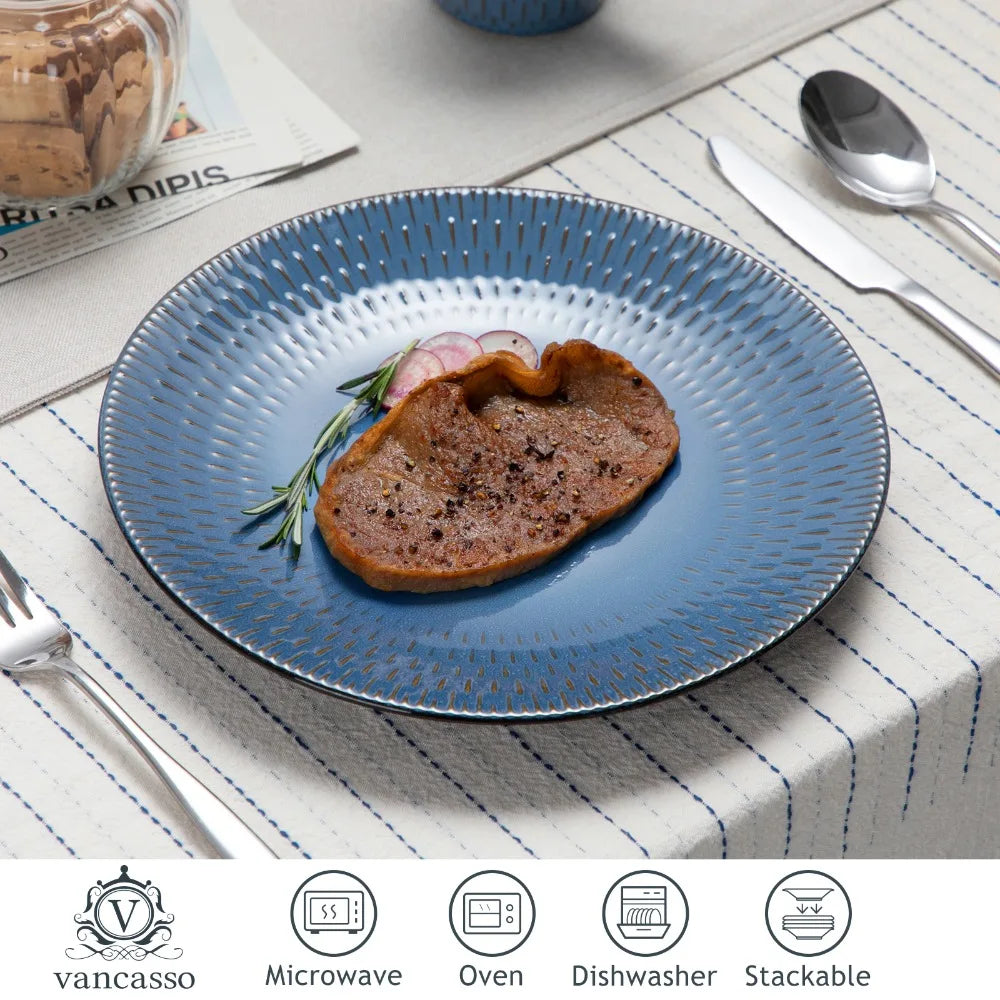 VANCASSO PLUVO 16PCS Blue Embossed Stoneware Tableware Set Home Hotel Tableware with 4 Piece Dinner/Dessert Plate/Soup Bowl/Mug