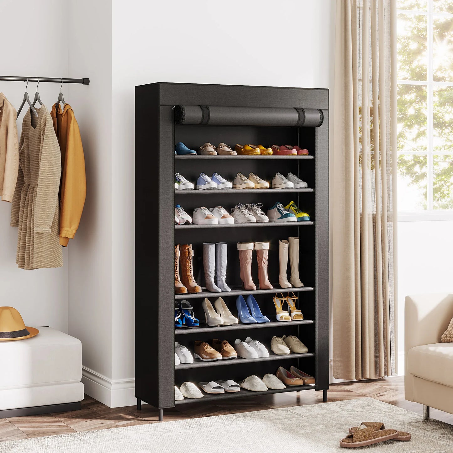 10 Tier Shoes Rack with Cover, Shoes Racks Organizer for Closet, Black Large Shoe Shelf for Entryway,50 Pair Large Shoe Stand