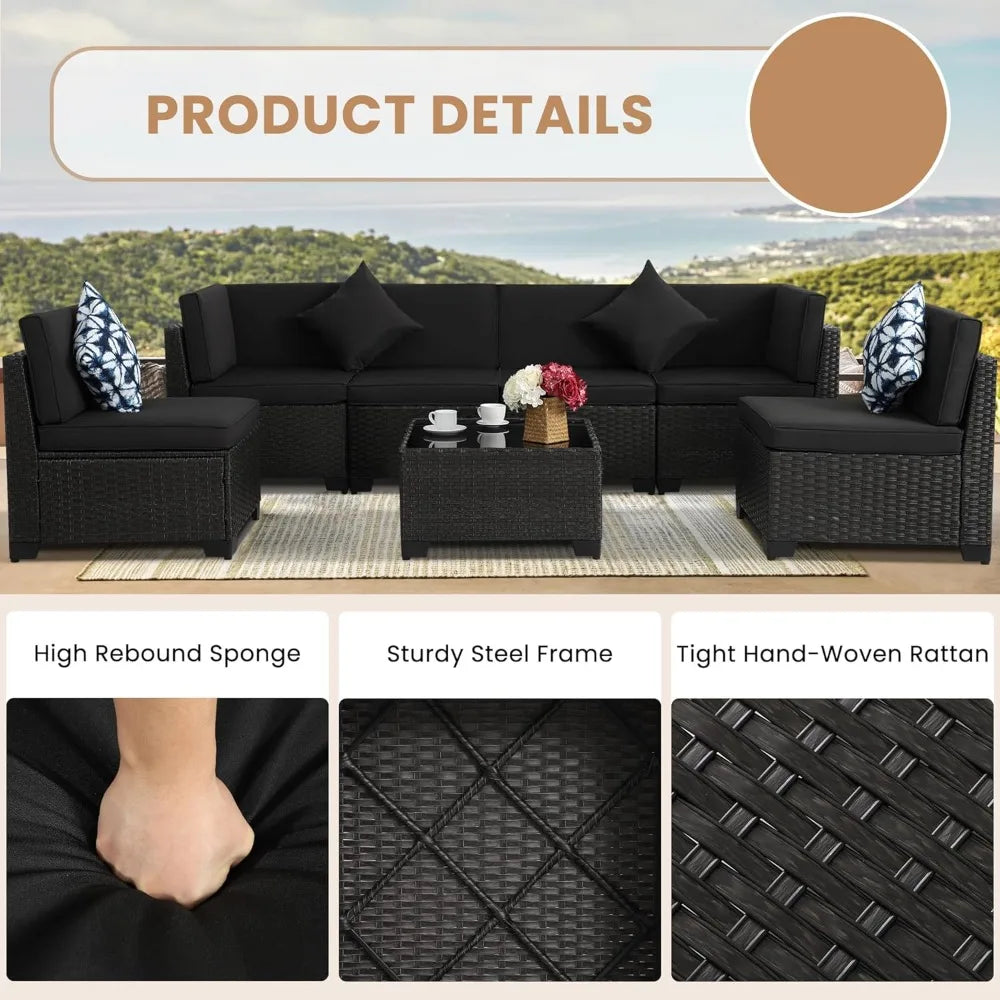 7 Pieces Patio Furniture Sets, Outdoor Furniture Patio Conversation Set, All Weather PE Rattan Sectional Sofa with Cushions