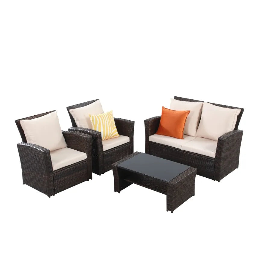 4Pieces Outdoor Patio Furniture Set PE Rattan Wicker with Brown