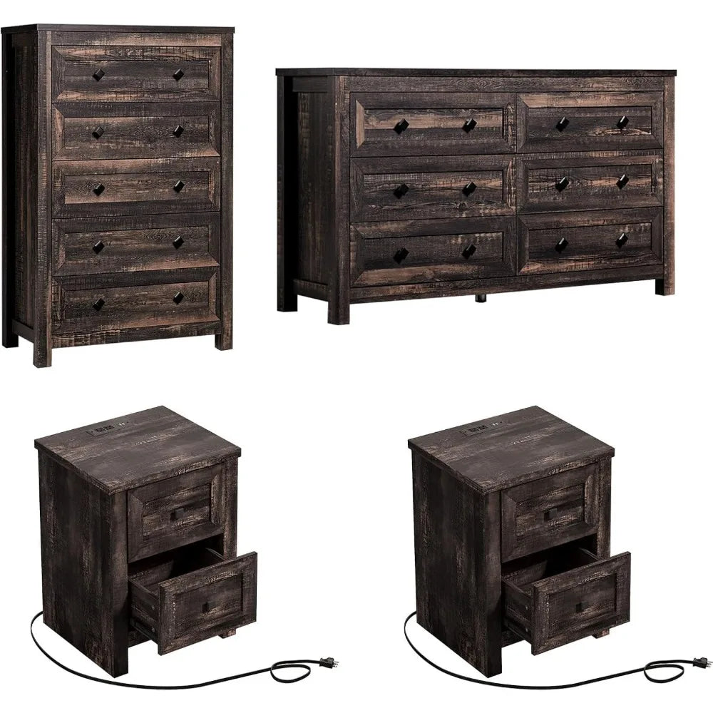 Farmhouse Bedroom 4 Piece Set Rustic Dressers Nightstands