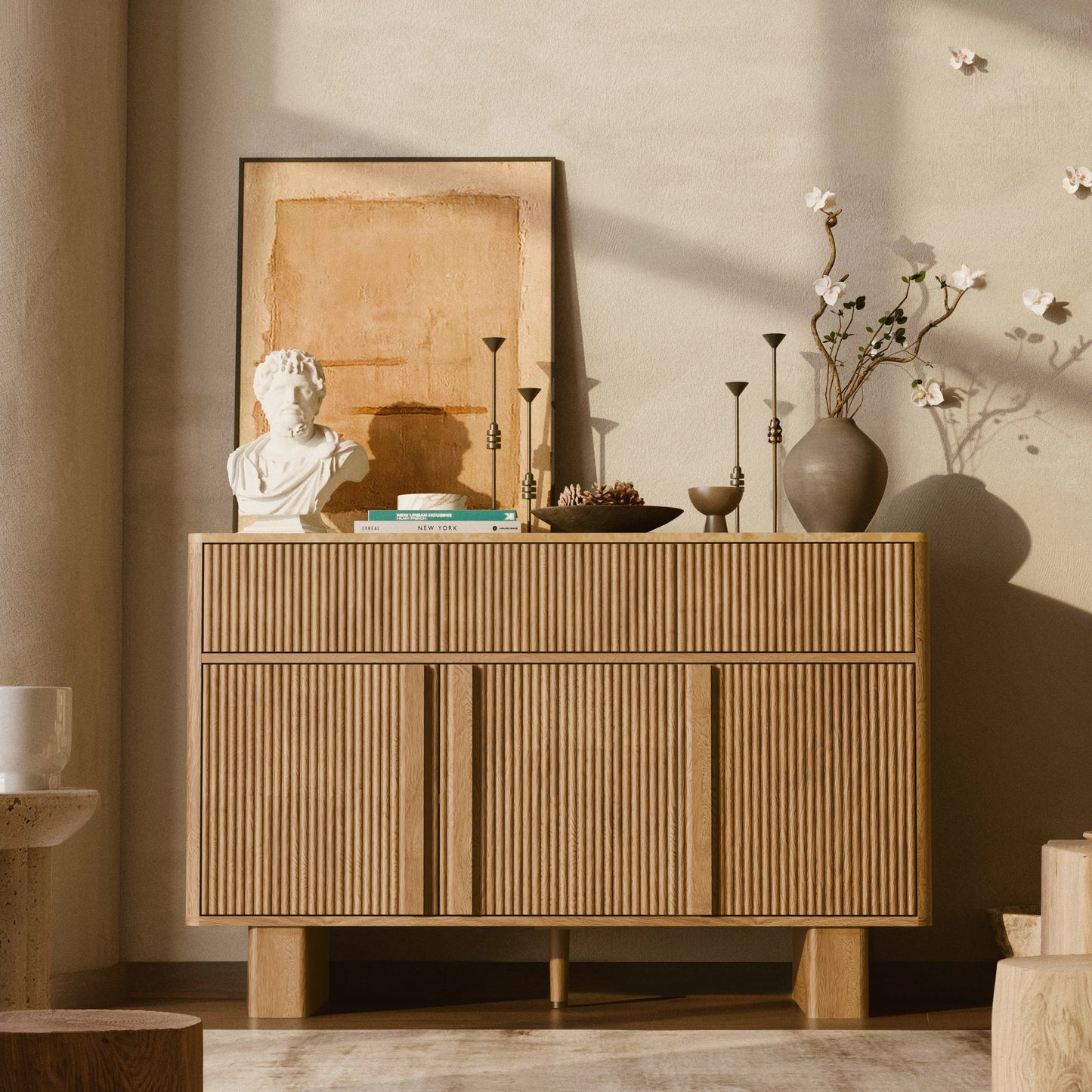 GEGOFORU 47" Sideboard Cabinet with 3 Drawers & 3 Doors, Modern Buffet with 2 Reinforced Legs for Kitchen/Living Room, Light Oak