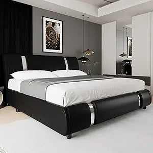 TTVIEW Modern Faux Leather Upholstered Platform Bed Frame with Golden Iron Metal Decor, Adjustable Curved Headboard, Wooden Slat