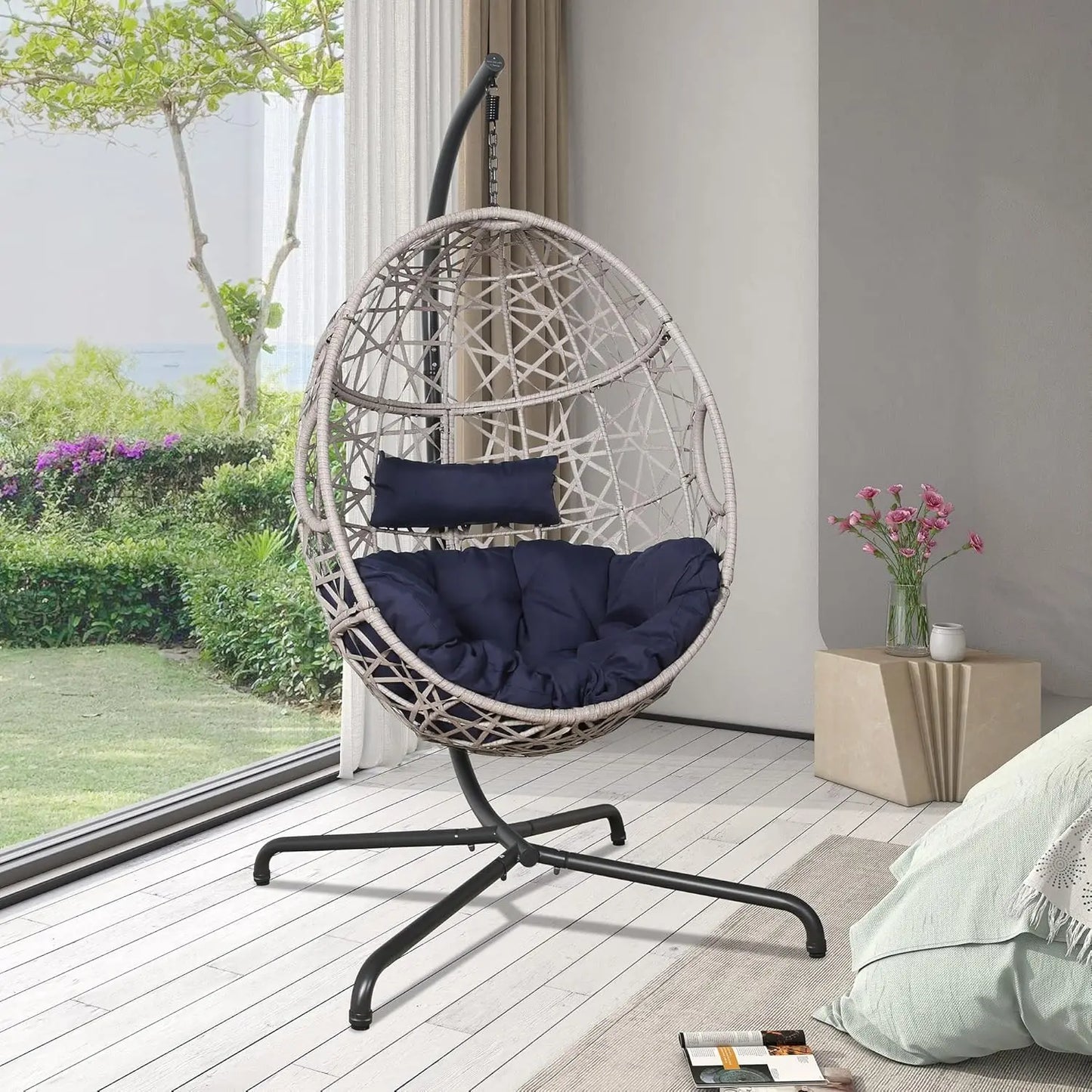 Patio Wicker Egg Hanging Chair, Outdoor Rattan Hammock Swing Chair with Stand and Cushion for Bedroom Balcony Garden