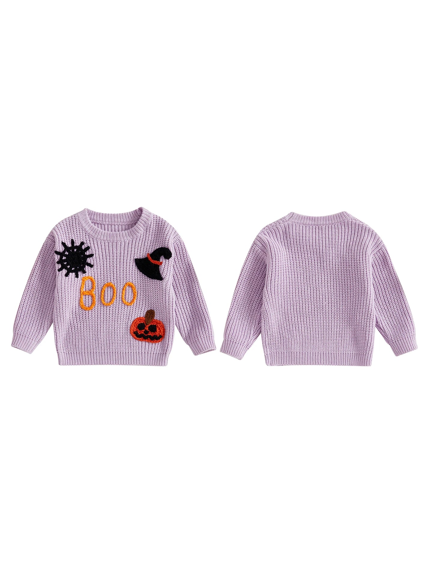 Women s Halloween Knit Sweater with Long Sleeves Round Neck Letter Pumpkin Spiderweb and Witch Hat Embroidery - Festive