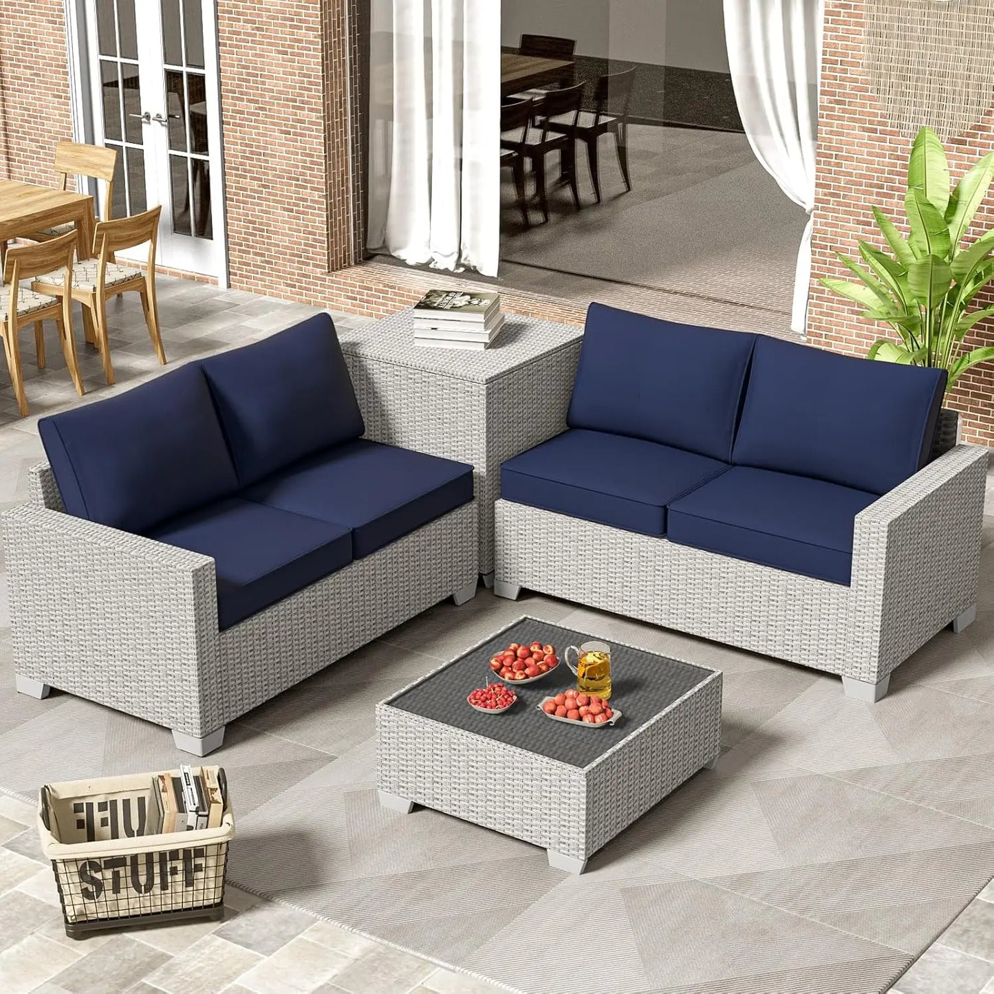 Premium Outdoor Patio Furniture Set with Storage & Glass Table, Patio Conversation Sets with Thick Cushions, 4 Piece Rattan