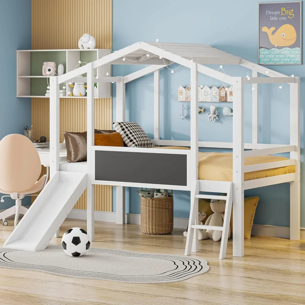 FAROUCHE Loft Bed Twin Size with Slide, Elegant Twin House Bed Frame with Blackboard and Light Strip, Solid Wood Playhouse Bed w
