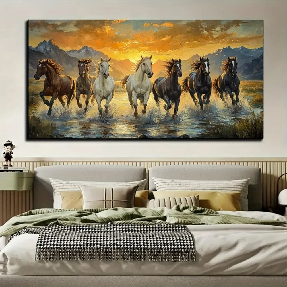 Elegant Feng Shui Seven Horses Canvas Art With Pine Frame