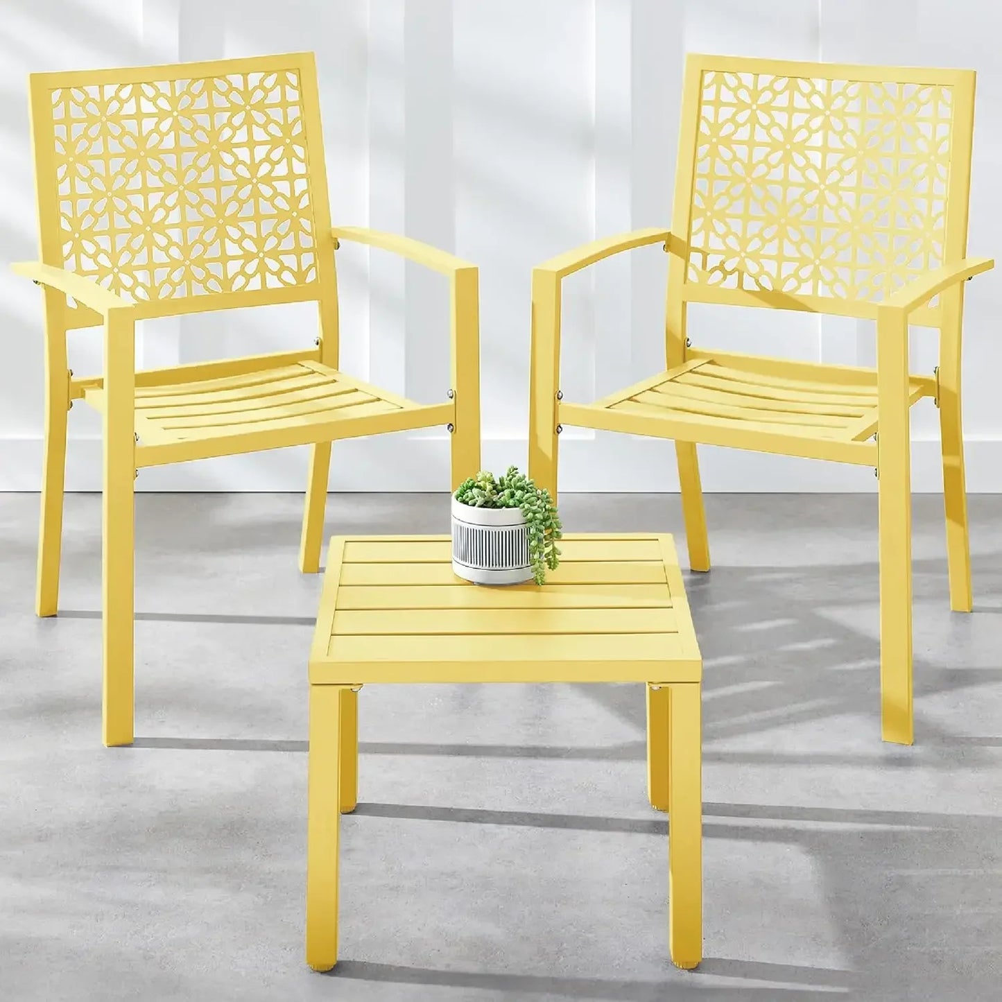 3-Piece Outdoor Bistro Set, Stackable Modern Steel Furniture for Porch, Garden w/ 2 Chairs, Table, Geometric Decor