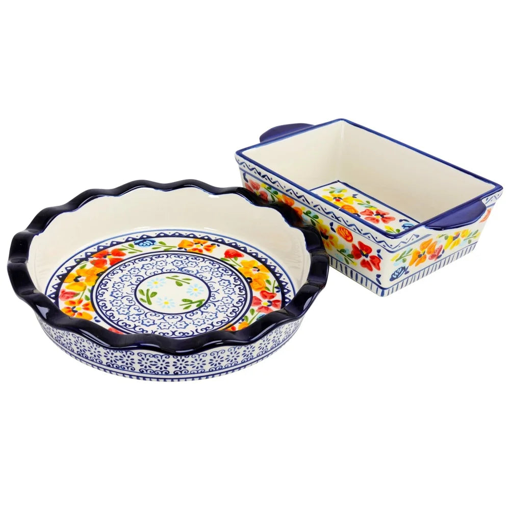 Stoneware Bakeware Set Ruffle Top Pie Plate and Versatile Baking Dish Baking Serving Storing Dishwasher Safe High Temperature