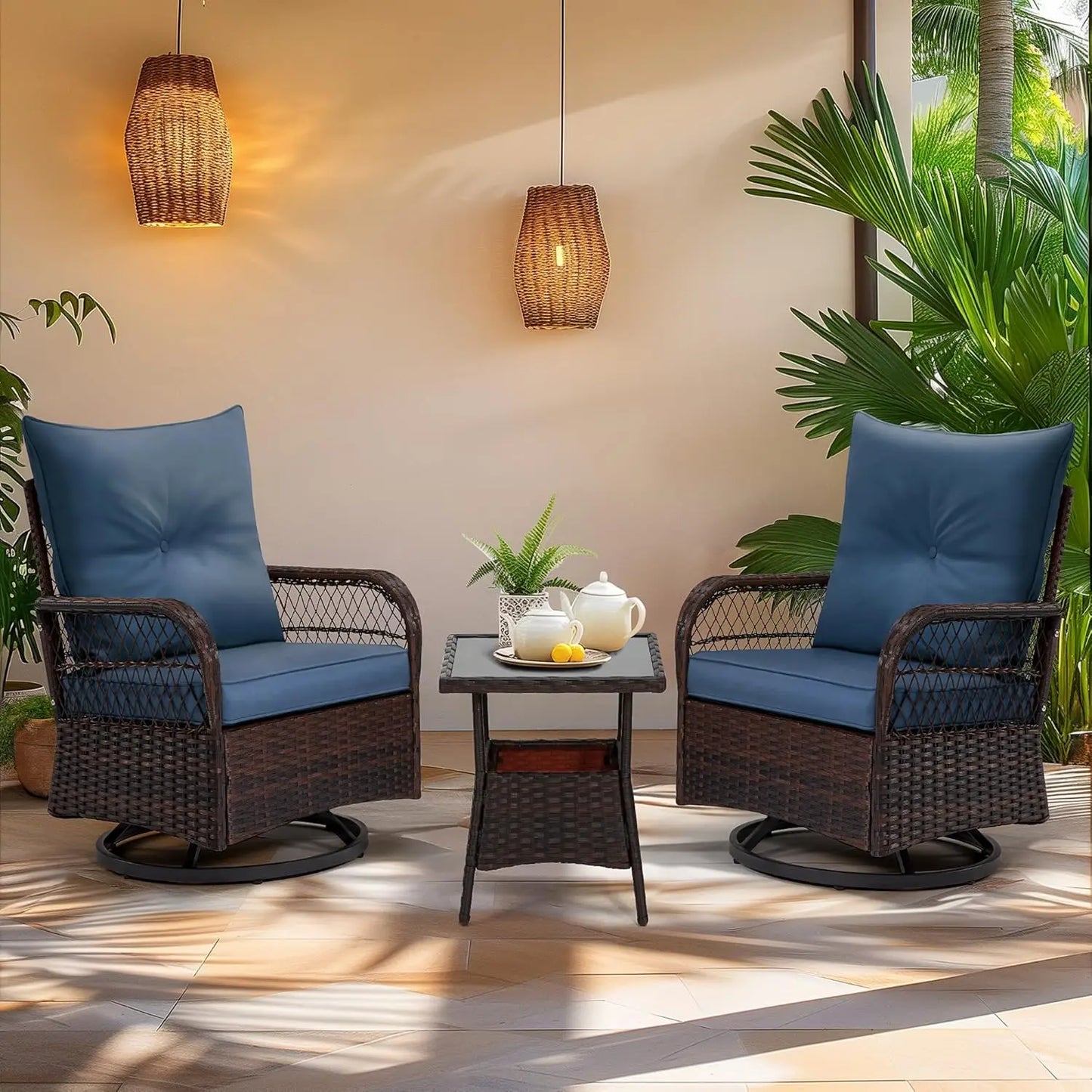 3 Pieces Patio Furniture Set, Outdoor Swivel Patio Rocker Chairs with Thick Cushions and 2-Tier Coffee Table