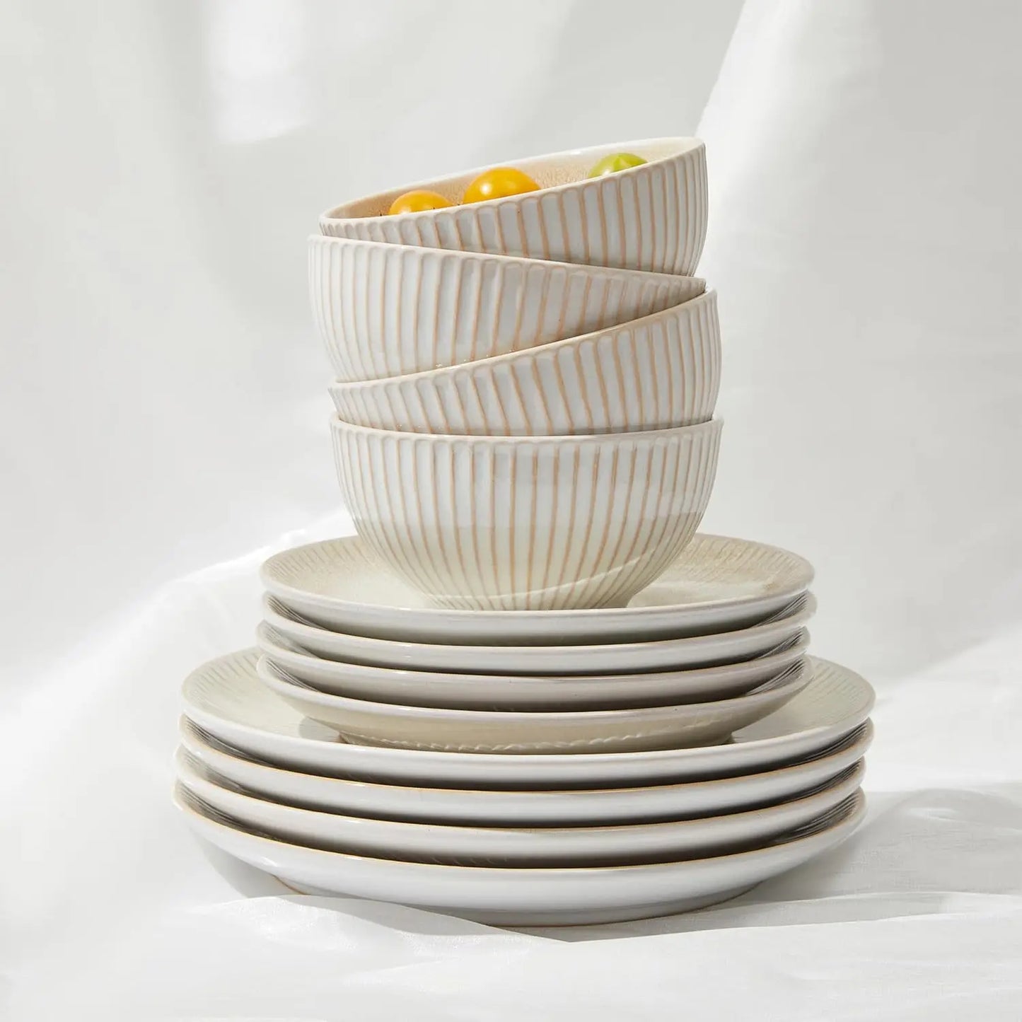 Ceramic Dinnerware Sets for 4, 12 Pieces Embossed Stoneware Plates and Bowls Sets, Scratch Resistant Dish Sets, Distinctive Gran