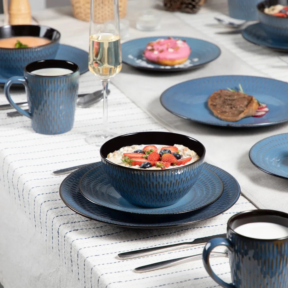 VANCASSO PLUVO 16PCS Blue Embossed Stoneware Tableware Set Home Hotel Tableware with 4 Piece Dinner/Dessert Plate/Soup Bowl/Mug