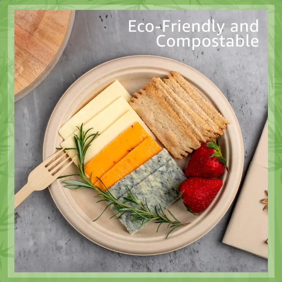 Paper Bamboo Plates Disposable 50Pack 9inch Sturdy and Microwave Safe Compostable Paper Plates Disposable Heavy Duty PFAS Free
