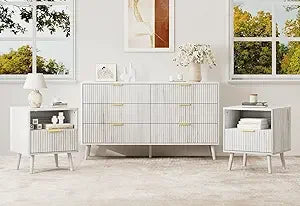 Natural Oak Dresser and Nightstand Set for Bedroom, Modern 3 Pieces Bedroom Furniture Set with Fluted Panel, Large 6 Drawer Dre