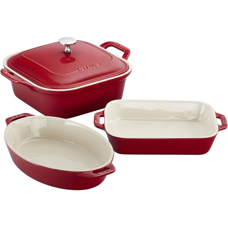 Staub Ceramics 4-pc Baking Pans Set, Casserole Dish with Lid, Brownie Pan, Cherry