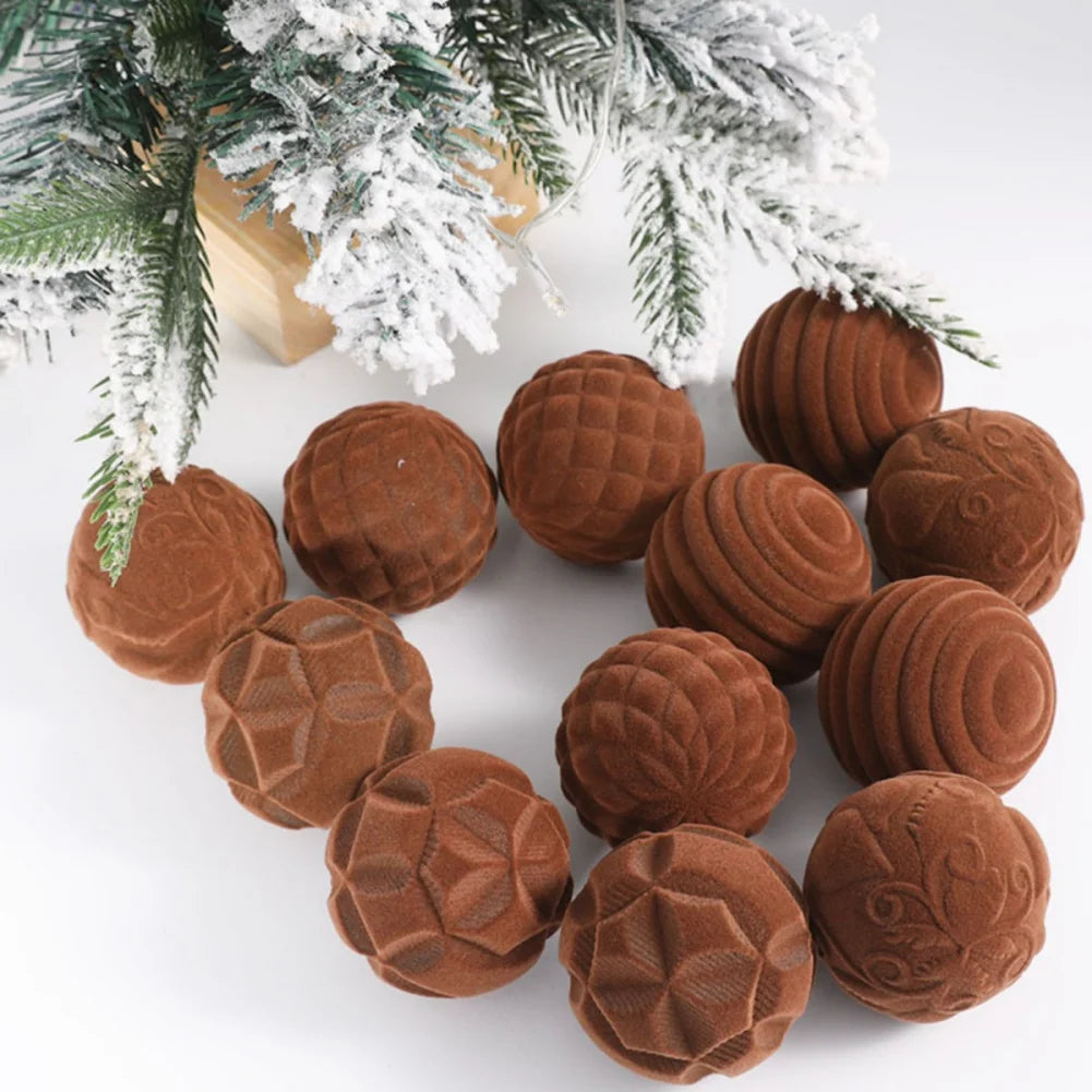 12Pcs/Box 6cm Christmas Flocked Cloth Velvet Balls Pendant Xmas Tree Hanging Ornaments Merry Christmas Decoration New Year Gift