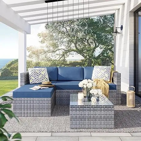 Small Outdoor Sofa Patio Furniture Set with Detachable Cushions, 3 PCS Patio Sectional Sofa with Coffee Table & 5 Position Adju