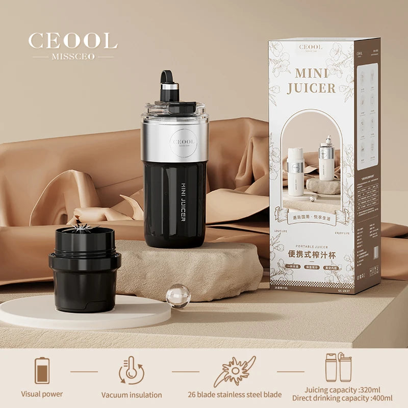 Double Layer Vacuum Insulated Juicer 304 Stainless Steel Juicers 350ml USB Charge Portable 26 Blades Strong Power Freesh Juicer