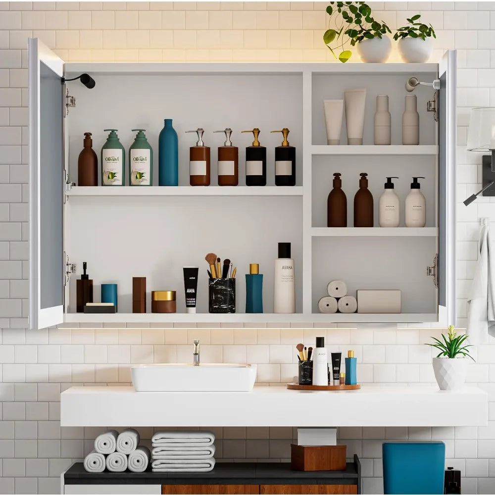 Fully Assembled LED lighted Bathroom Medicine Cabinet with Mirror, 24x32 Inch Bathroom Mirror with Storage, Recessed or Surface