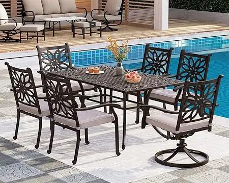 Cast Aluminum Patio Dining Set for 6 Person, 7 Piece Outdoor Patio Set with 54" Dia Cast-Top Aluminum Table(2.1" Umbrella Hole)