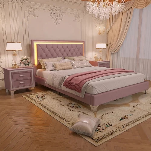 3 Piece Queen Size Upholstered Bed With LED Lights Pink Set
