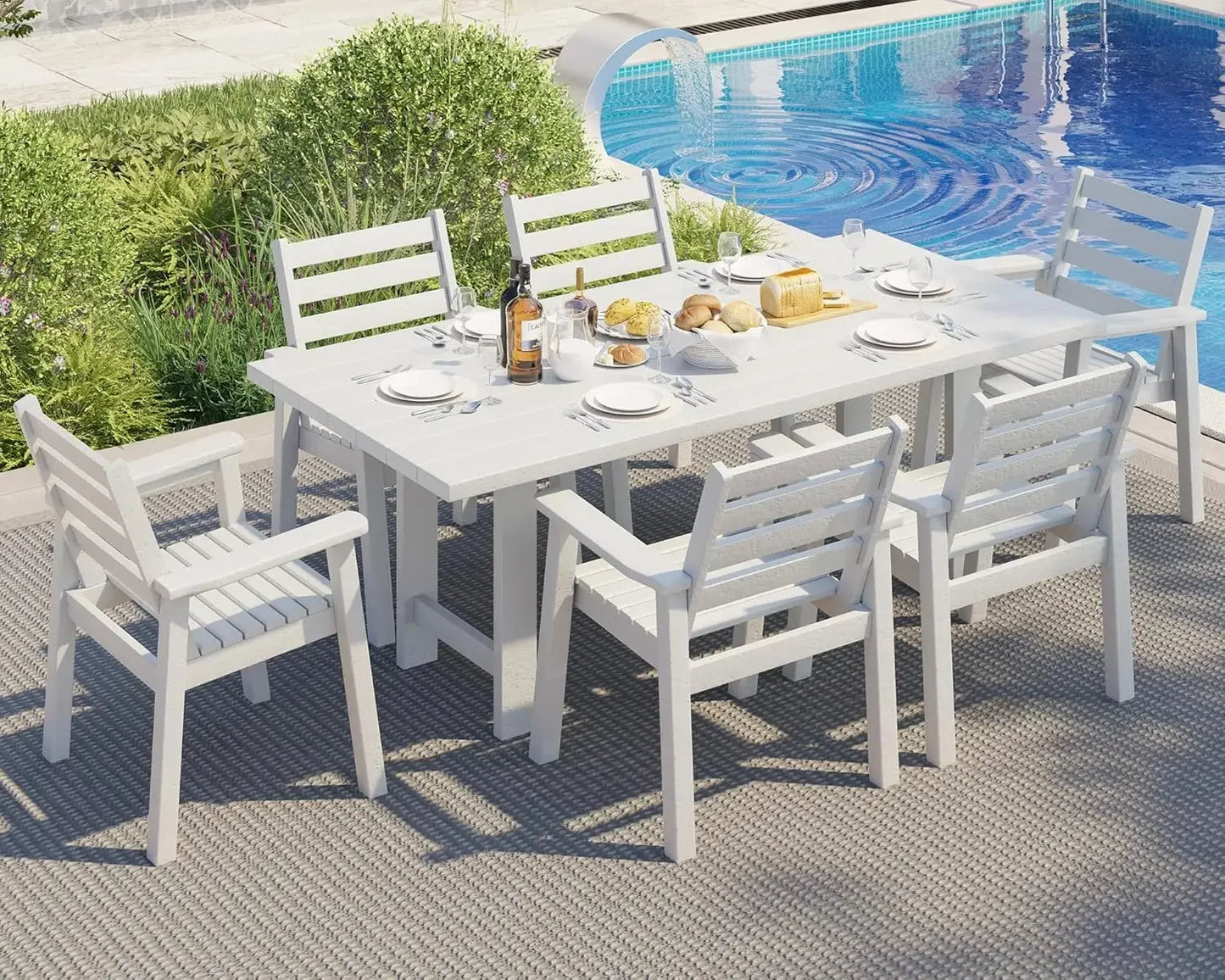 7-Piece HDPE Outdoor Dining Table Set with 6 Chairs,71" L Patio Dining Furniture Set with Umbrella Hole