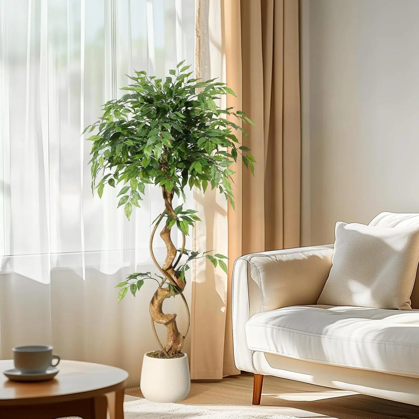 Ficus Tree Artificial, 4FT/5FT/6FT Artificial Plants Indoor in Sturdy White Pot,Indoor Faux Green Tree for Home Decor Indoor