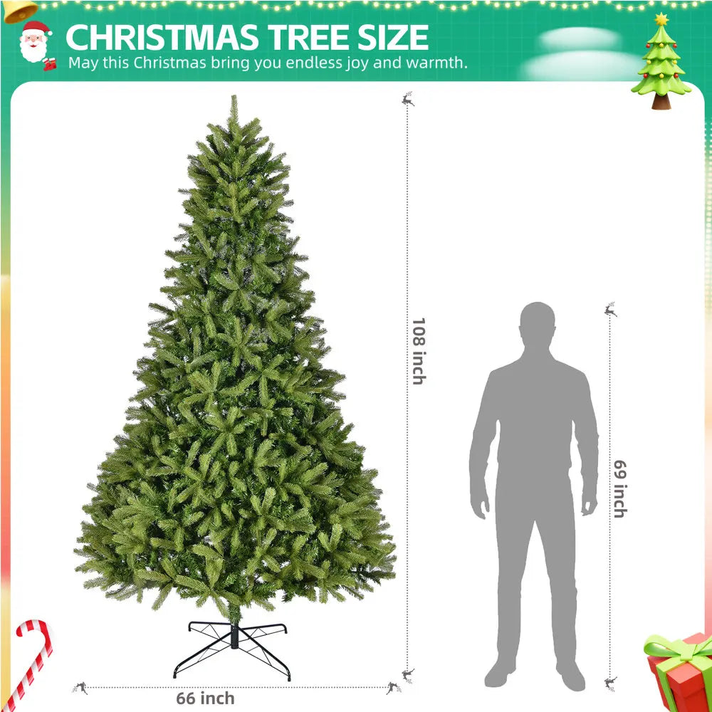 9Ft Artificial Tree, 2576 Mixed Tips, Unlit Hinged Spruce, Easy Assembly, Foldable Stand, Green.