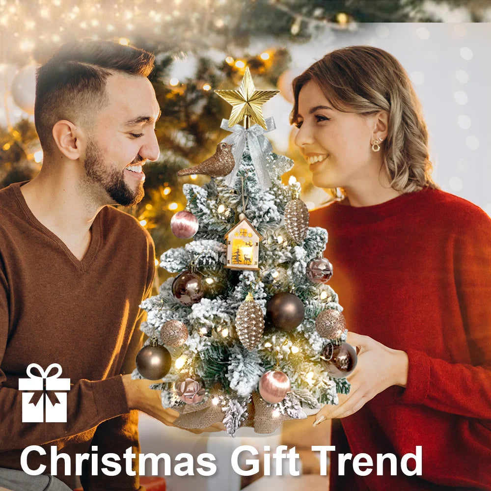 With Flocked Snow 22in Mini Christmas Tree for Table Top for Home & Office with Light Artificial Small Tabletop Woodland