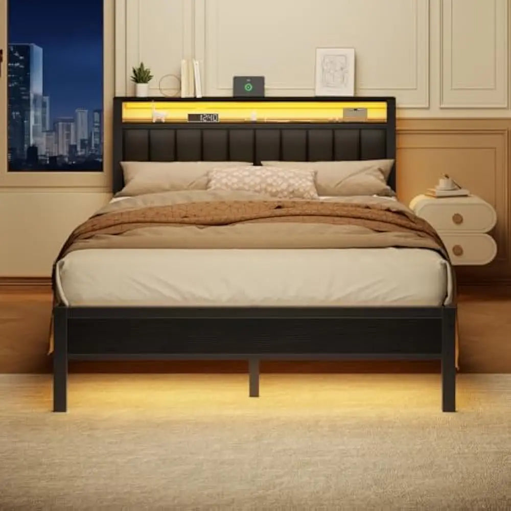 LED Twin Size Bed Frame with Charging Station and 2-Tier Storage Shelves, Platform Bed with Metal Slats, No Box Spring Needed