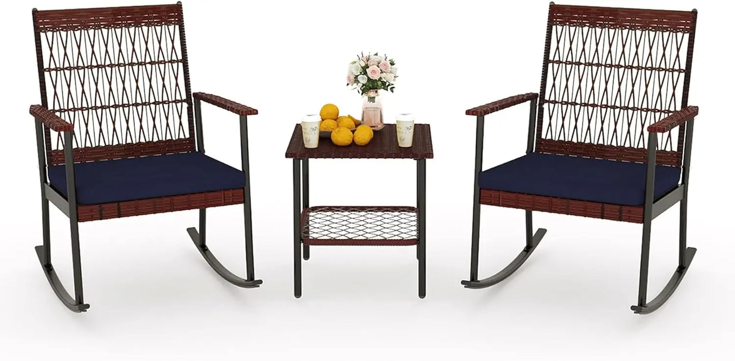 3 Piece Patio Conversation Set, Outdoor Rocking Chairs Set of 2, Wicker Furniture Set with Glass Top Coffee Table and Cushions