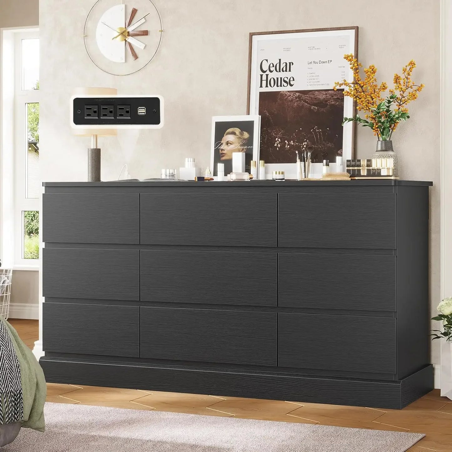 Modern White Bedroom Dresser with 9 Drawers, 61.4" Wide Dresser Chest of Drawers with Large Capacity Storage, Long Dresser