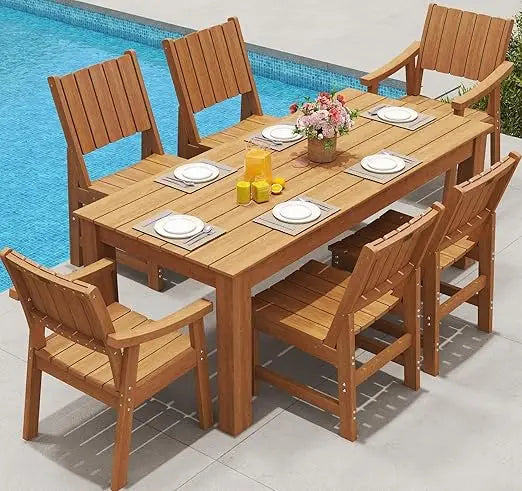 Outdoor Dining Set for 6,HDPE Rectangle Table and Chair, Weather-Resistant, Patio Furniture Sets with Umbrella Hole for Backyar